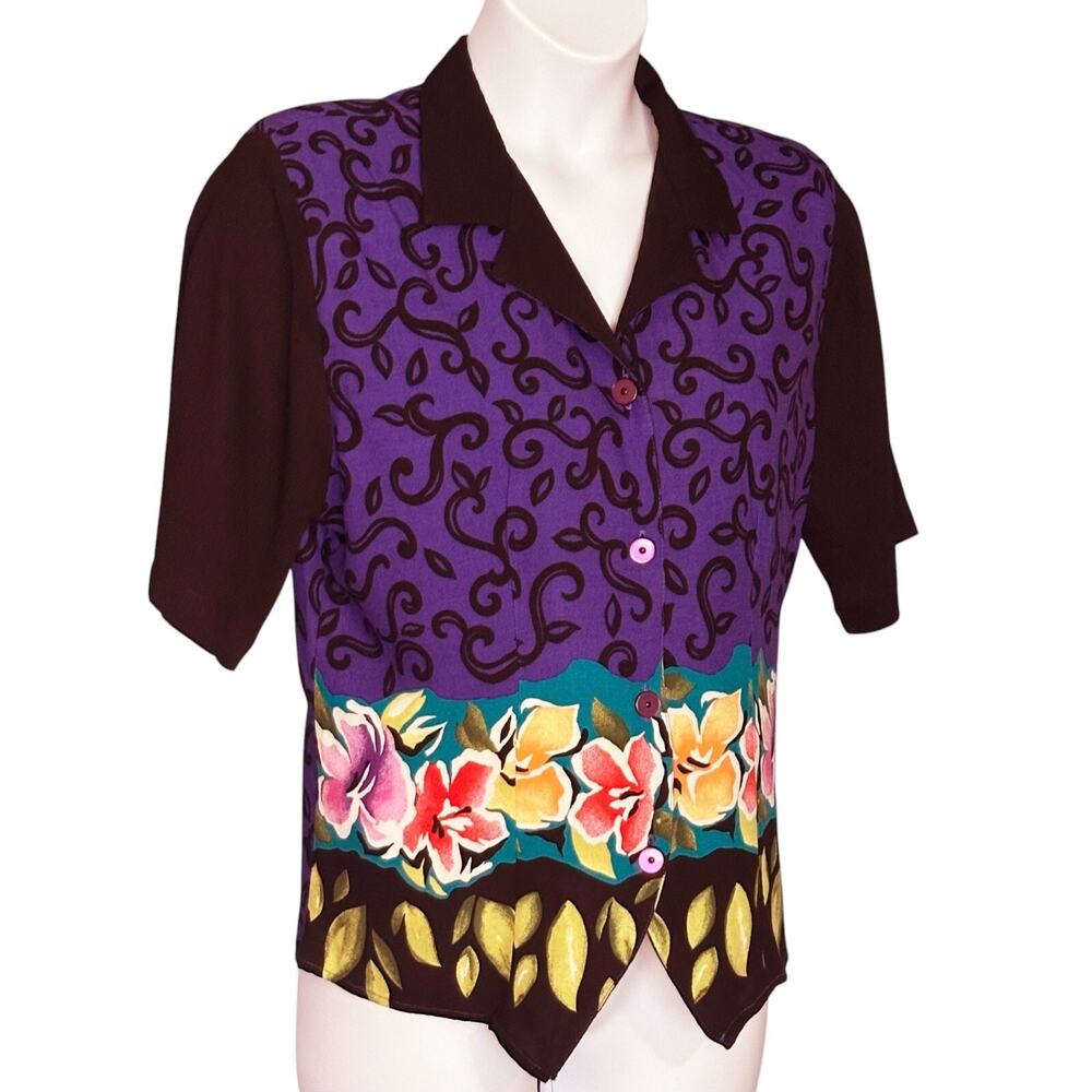 Karibo Vintage 90s Button Up Blouse Top Sz 14 Short Sleeve Colorful Purple Retro